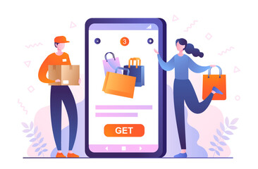 Poster - concept of delivery. courier holds out box of goods to woman near screen of smartphone. order in onl