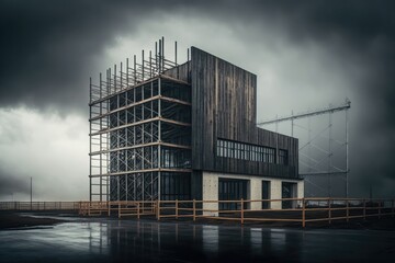 Wall Mural - built wooden scaffolding near building against backdrop of gloomy gray sky, created with generative ai