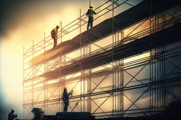 Wall Mural - construction workers fixing roof of building with support on scaffolding near building, created with generative ai