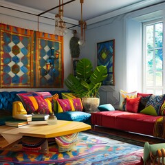 Wall Mural - A bohemian living room with colorful textiles and free-spirited décor1, Generative AI