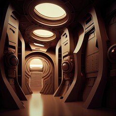 Canvas Print - futuristic sci-fi future interior of dark brown hue with beautiful stylization, created with generative ai