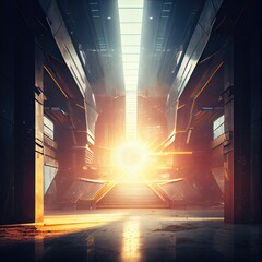 Wall Mural - large spacious room with distant rays of sun sci-fi futuristic interior, created with generative ai