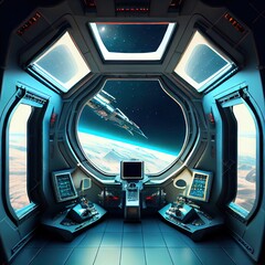 Canvas Print - futuristic sci-fi futuristic interior of space spaceship with wide windows, created with generative ai