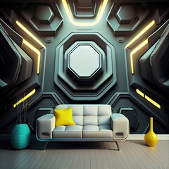 Wall Mural - room with bright illumination in sci-fi futuristic interior with stylish walls, created with generative ai