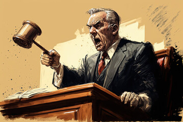 Angry judge waving gavel, courtroom sketch. Generative AI