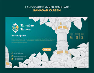 Wall Mural - Ramadan kareem landscape banner with white mosque minaret and white leaves background design