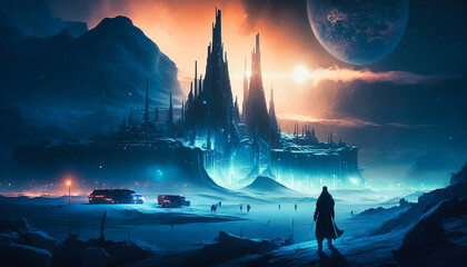 A fantasy futuristic city in winter, snow, sunset - generative AI