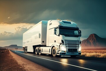 Logistic truck carrying goods on the road. Transportation, supply chain and shipping concept. Generative AI