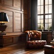 A masculine attic study with rich wood paneling and a leather armchair2, Generative AI