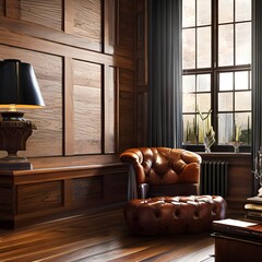 Wall Mural - A masculine attic study with rich wood paneling and a leather armchair2, Generative AI