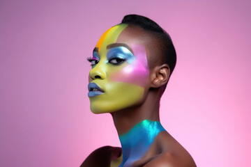Fashion black model with colored futuristic makeup posing on a pink pastel background, looking fierce charming and powerful, reworked and enhanced ai generative photography of a not real person.