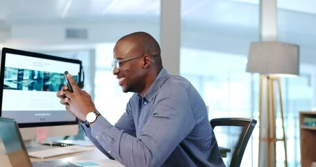 Poster - Business, happy and black man typing with phone in office for social media, internet and online networking. Communication, smile and male worker on smartphone for research, chatting and text message