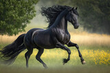 Fototapeta Konie - a black horse is galloping on its hind legs with its tail spread out and it's tail spread out, generative AI