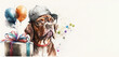 Happy birthday dog, holiday concept, Celebration banner with  balloons, Watercolor illustrated, Generated AI, copy space