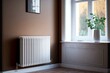 white heating radiator on brown wall near window, created with generative ai