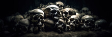 Human Skulls And Bones Of People Killed In War In Crypt Burial In Cemetery. Generative AI Illustration