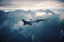 F-16 Falcon Fighter Jet Flying In The Sky Over The Mountan Tops