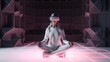Woman meditating in lotus pose with VR set on her head, metaverse, Generative AI