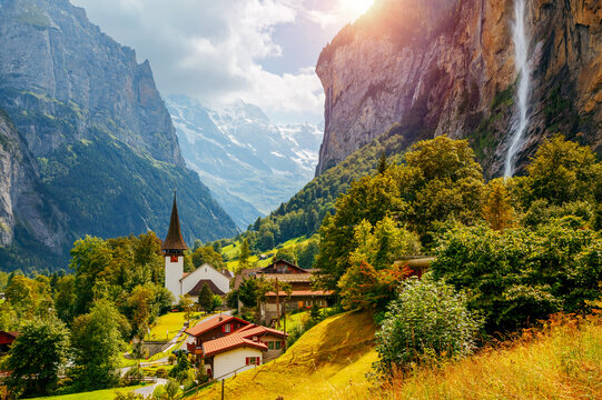 Wall Mural - Majestic view of the splendid alpine town of Lauterbrunnen. Swiss alps, Switzerland, Europe.