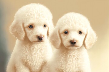 Wall Mural - young white curly little poodles on cream background, created with generative ai