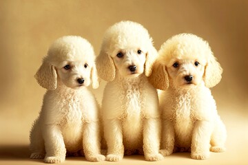 Wall Mural - young white curly little poodles on cream background, created with generative ai