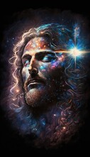 Jesus Face Watches Over People From Heaven. Jesus Is My Savior. Ultra Realistic Double-exposure With Cosmic Universe Background. Created With Generative AI Technology.
