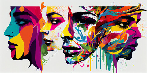 Wall Mural - An abstract collage of faces made from splashes of colored acrylic or oil paints.