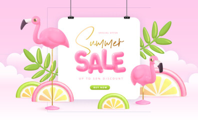 Wall Mural - Summer big sale typography poster with 3d plastic text, flamingo and tropic leaves. Summer background. Vector illustration.