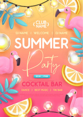 Summer disco party typography poster with 3D plastic flamingo, electric lamps and tropic leaves. Vector illustration