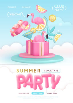 Summer cocktail disco party typography poster with 3D plastic text, cocktail, tropic leaves and flamingo. Vector illustration
