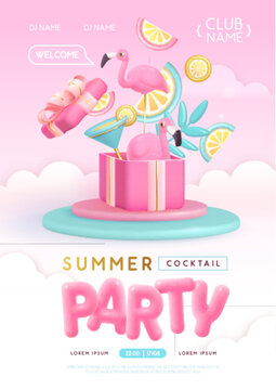 Summer cocktail disco party typography poster with 3D plastic text, cocktail, tropic leaves and flamingo. Vector illustration