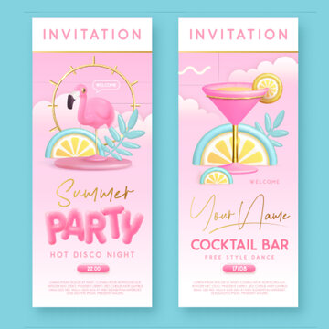 Summer cocktail  disco party typography poster with 3D plastic text, cocktail, tropic leaves and flamingo. Invitation design. Vector illustration