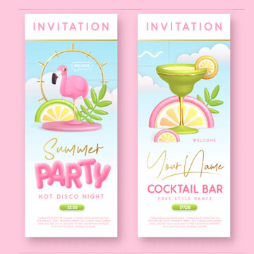 Summer cocktail  disco party typography poster with 3D plastic text, cocktail, tropic leaves and flamingo. Invitation design. Vector illustration