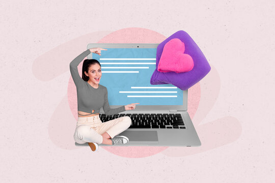 Picture 3d collage artwork image of excited positive cheerful girl hand showing modern netbook web site isolated on painting background