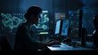 © Delta Amphule - A security expert in front of multiple computer screens in a network operations centre near a server room. Cybersecurity, Cyber awareness training. Cyber concept.