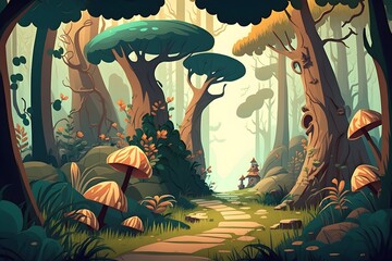 Magical forest with mushroom and trees 