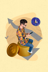 Poster - Picture 3d creative collage artwork sketch of hardworking man freelancer browsing phone online bank credit isolated on drawing background