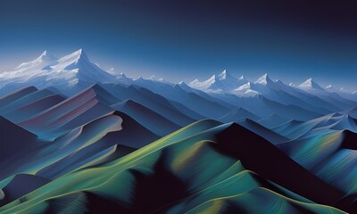 Fototapeta ośnieżone góry w tle, kolorowe wzgórza na pierwszym planie, lekka mgiełka, poranek, delikatne światło wschodzącego słońca. wygenerowane przy pomocy ai.