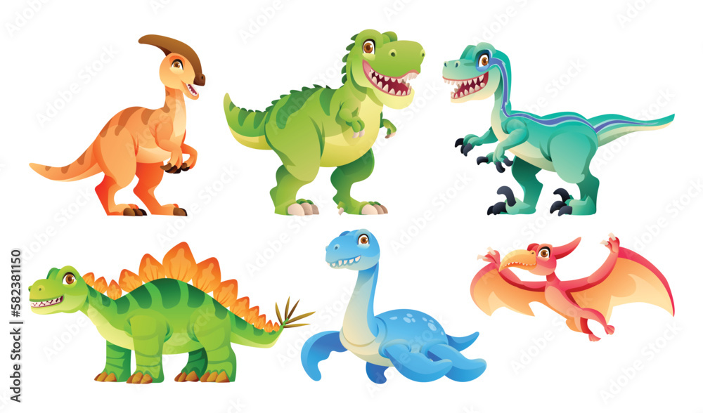 Set of cute dinosaur characters vector cartoon illustration Stock ...