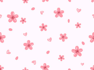 Canvas Print - Seamless pattern with cherry blossom Sakura flower, flying petals and hand drawn hearts on pastel pink background vector illustration.