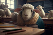 illustration of sheep sit at school in the classroom stupid students . ai