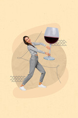 Wall Mural - Vertical collage image of mini overjoyed girl arms hold huge wine glass isolated on drawing beige background