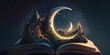 crescent moon while reading book ,fantasy dreamy fairytale illustration concept. Generated AI