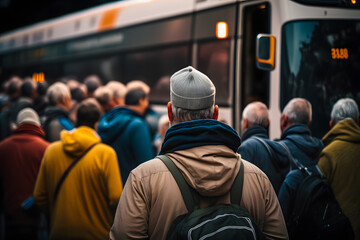 Crowd of people queuing to board the bus, bus stop in the city. Generative AI