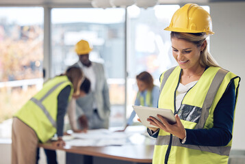 Poster - Architecture, tablet and woman with project management, software design and planning in office for blueprint. Construction worker, contractor or engineering person on digital tech for floor plan idea