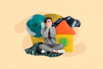 Poster - Creative poster collage of scared terrified young woman hide face planet earth climate change pollution home house plastic dumping yard