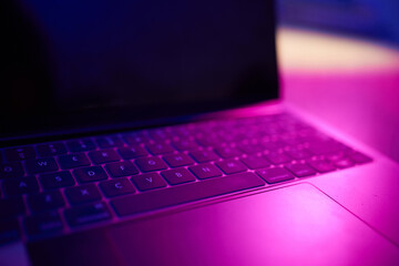 Aufkleber - Laptop, keyboard or technology in basement in dark room at night for hacking, phishing or cybersecurity. Database, code or ransomware for hacking research, digital transformation or networking site