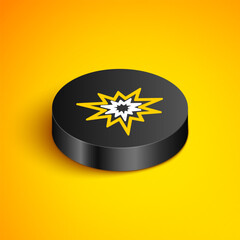 Poster - Isometric line Bomb explosion with shrapnel and fireball icon isolated on yellow background. Black circle button. Vector
