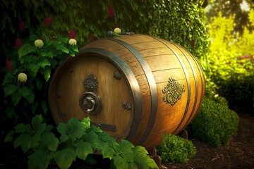 Wall Mural - g alcohol from large wine barrel in garden, created with generative ai