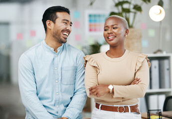 Aufkleber - Laughing, startup and creative people in office planning, talking and collaboration for teamwork or company goals. Happy diversity staff, employees or black woman with partner discussion in workplace